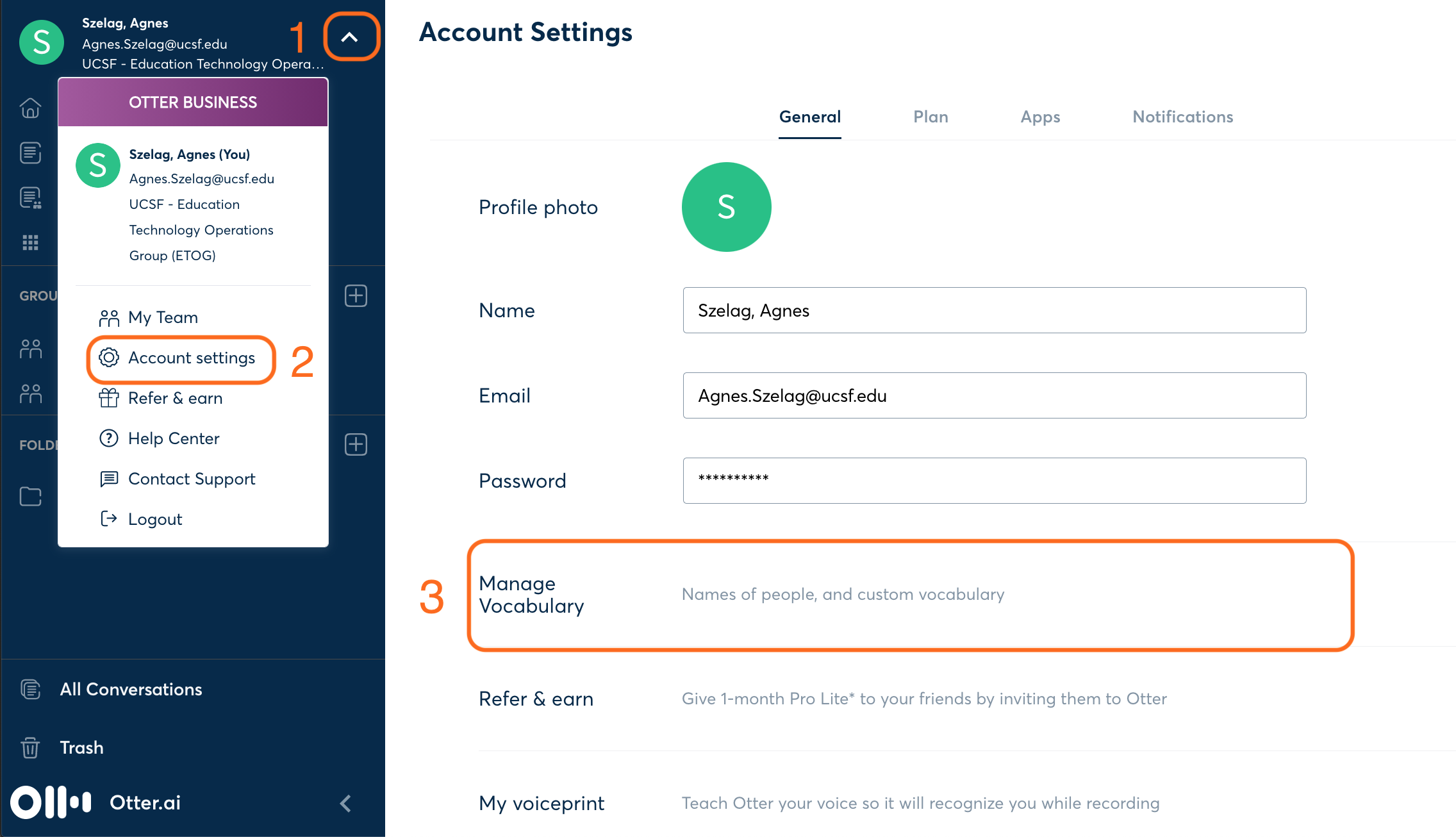 screenshot of account settings page on otter.ai showing manage vocabulary option