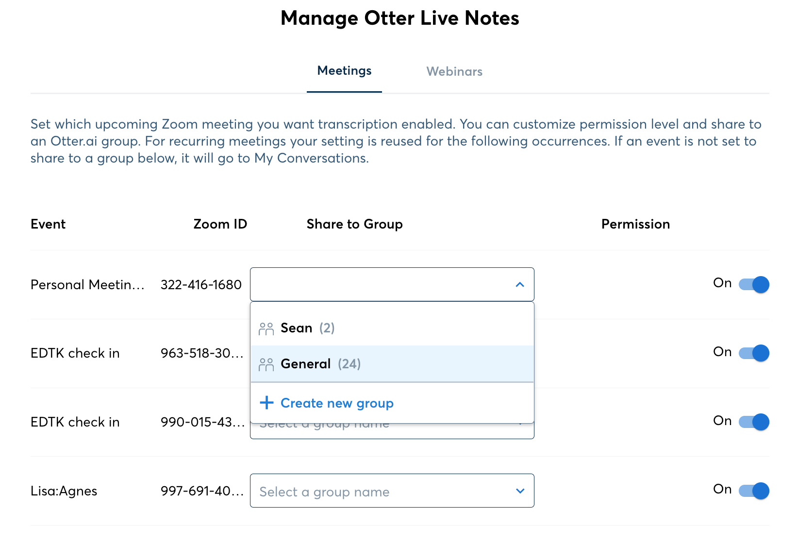 screenshot of transcription setting page on otter ai website with dropdown to share with group clicked