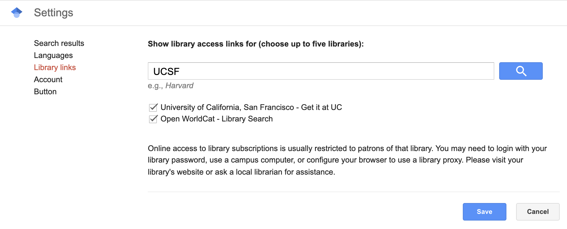 Screenshot of search result page showing the UCSF option.